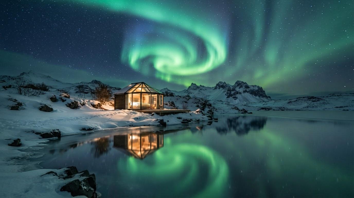 Aurora over a glass cabin in Iceland, mirror lake