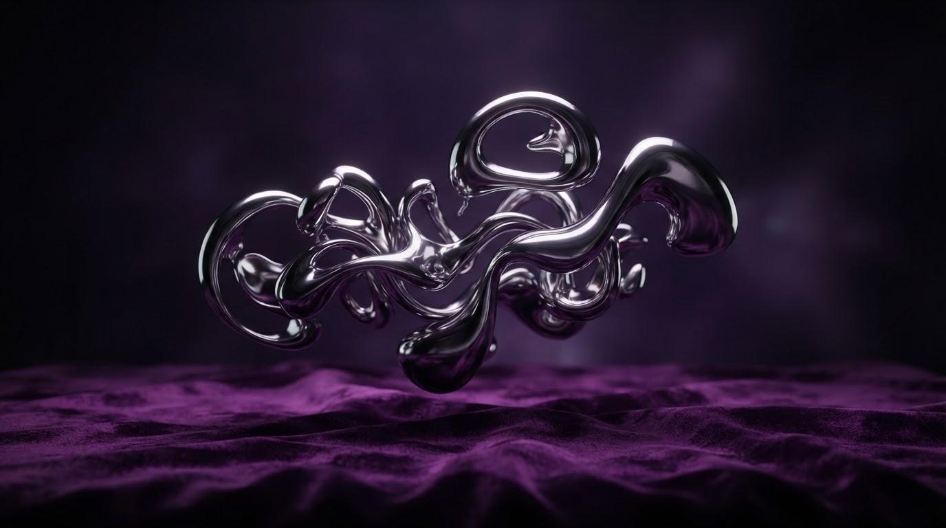 Album cover: chrome liquid typography on velvet