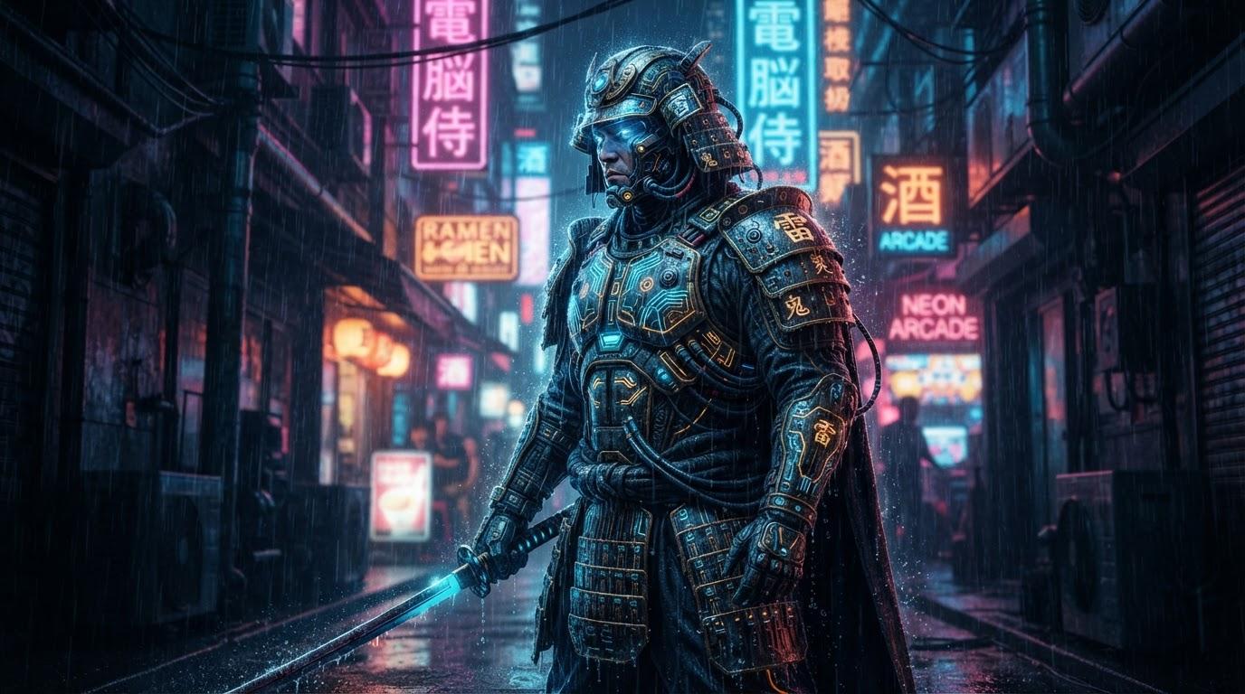 Cybernetic samurai portrait, neon alley bokeh