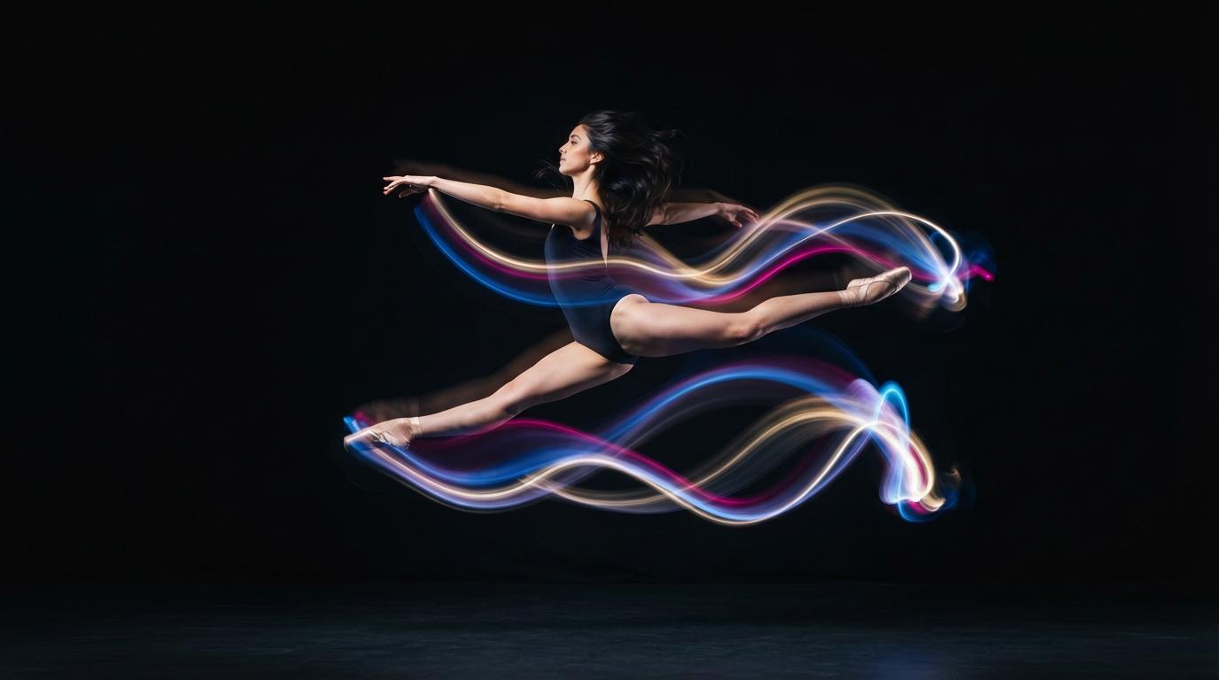 Ballerina wrapped in long-exposure light trails