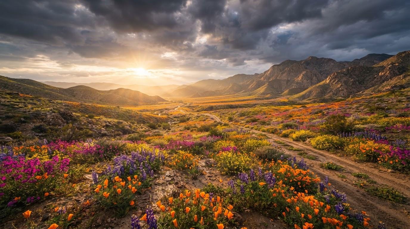 Timelapse: desert bloom after rain, hyper-real