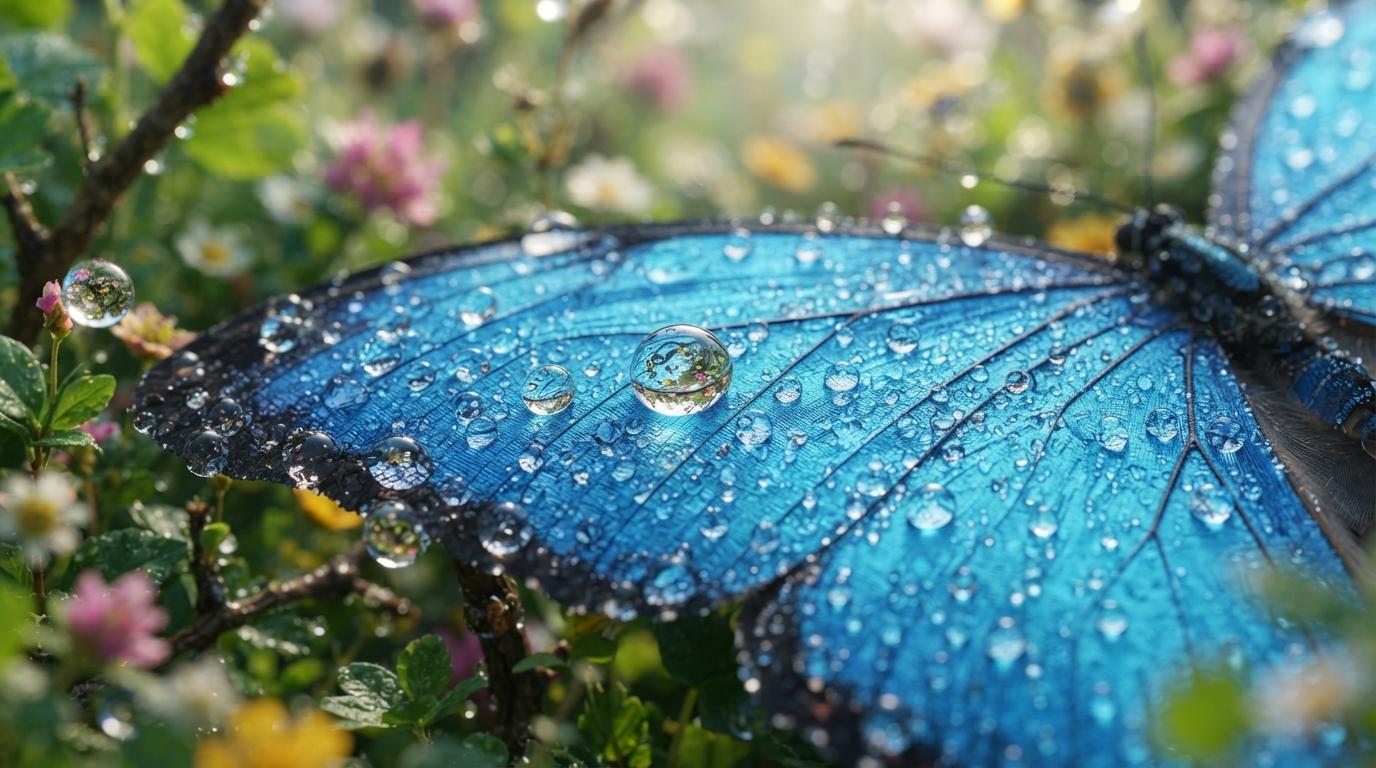 Macro dew drops on a butterfly wing, jewel detail