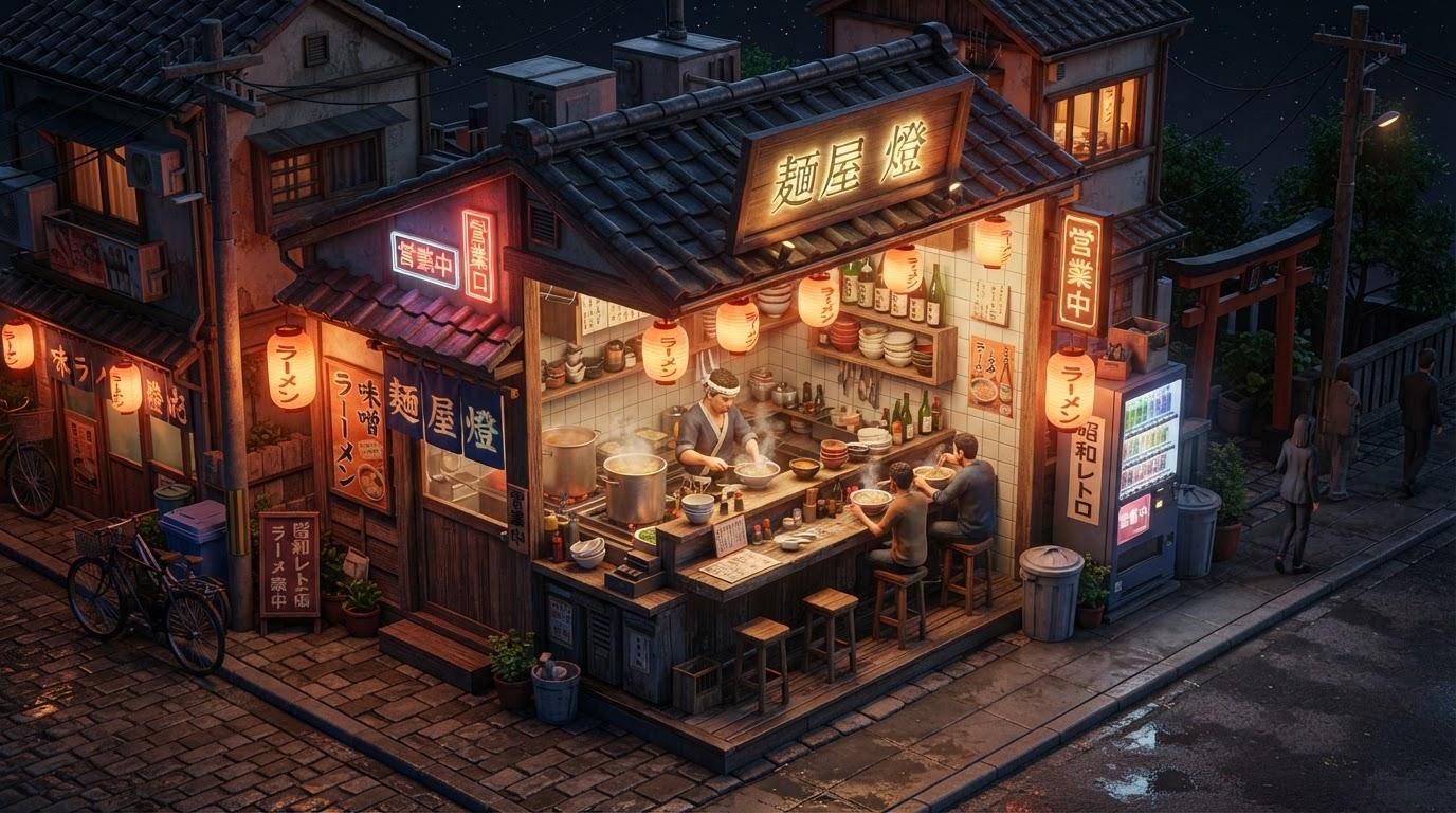 Isometric 3D game asset, cozy ramen shop, night