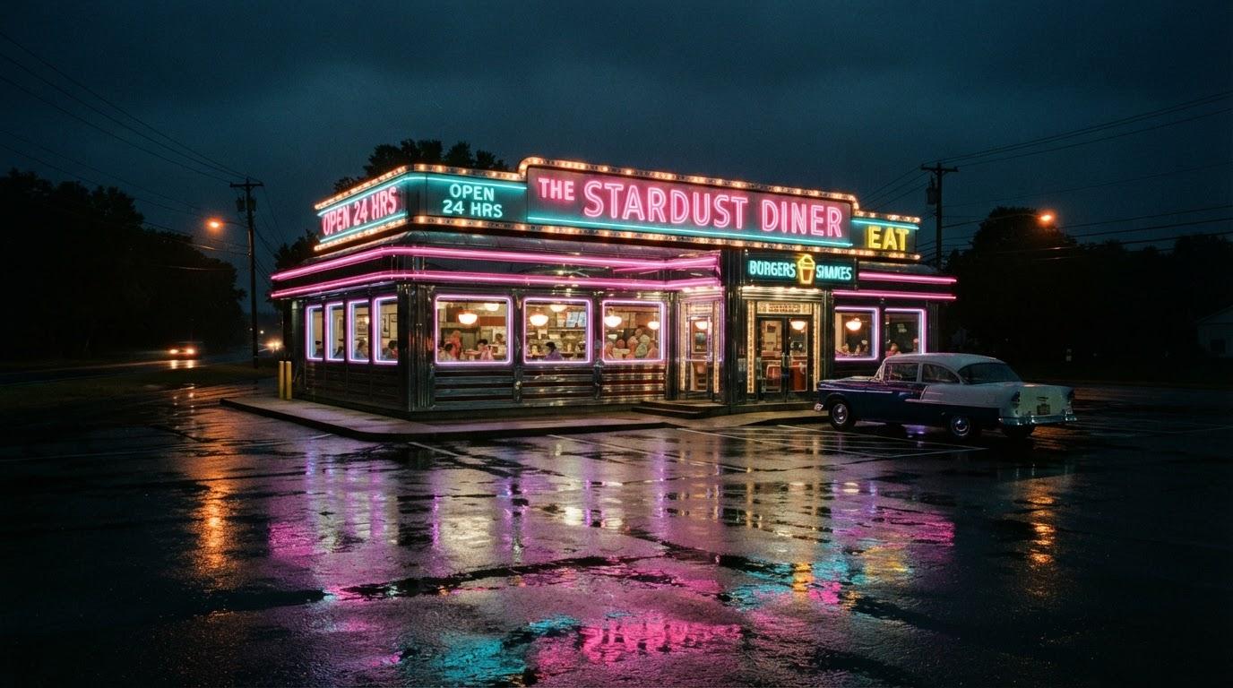 1950s diner in pink & cyan neon, wet asphalt