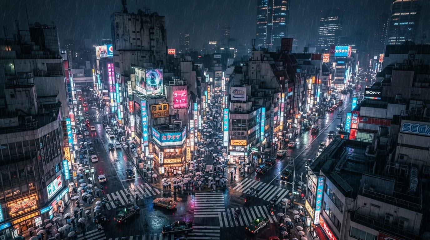 Cinematic drone shot over neon Tokyo at midnight, rain