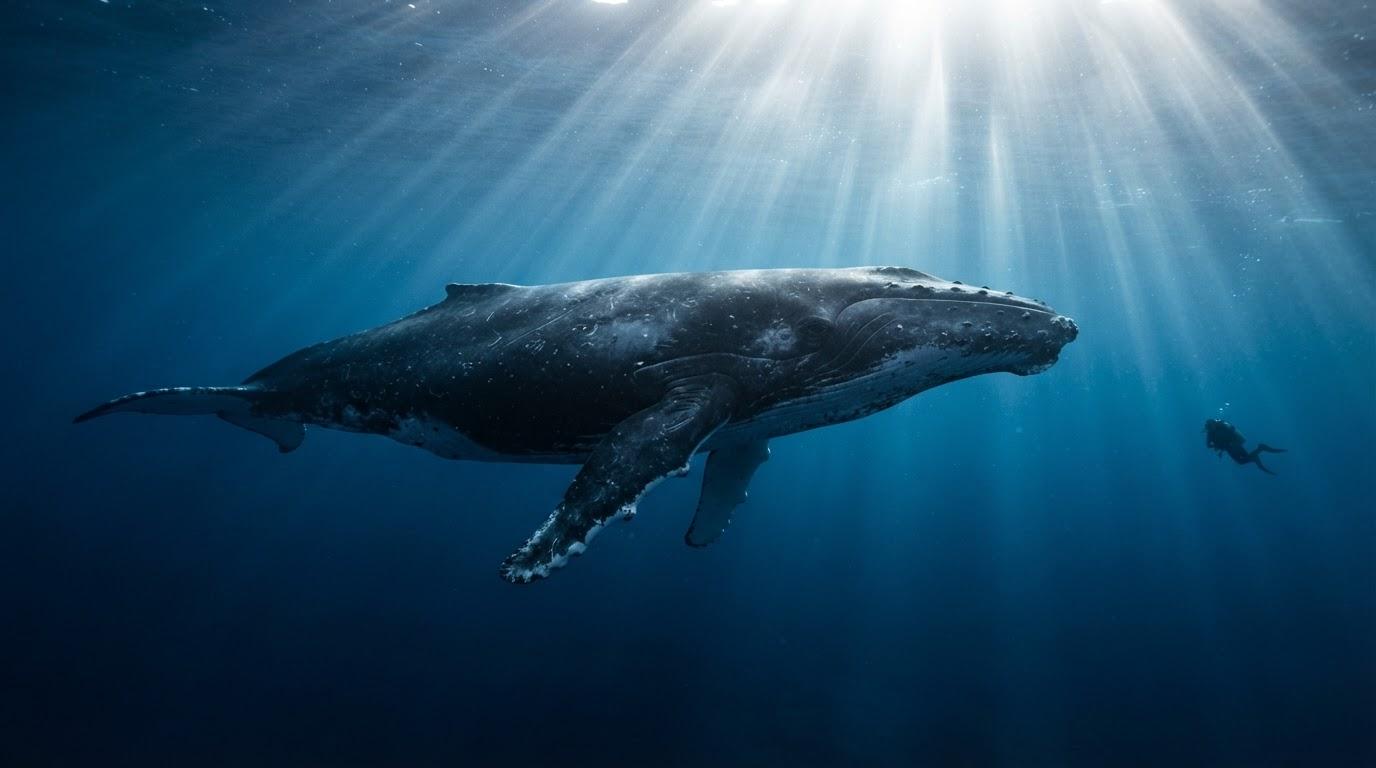 Humpback whale through sunbeams, deep ocean volumetric light